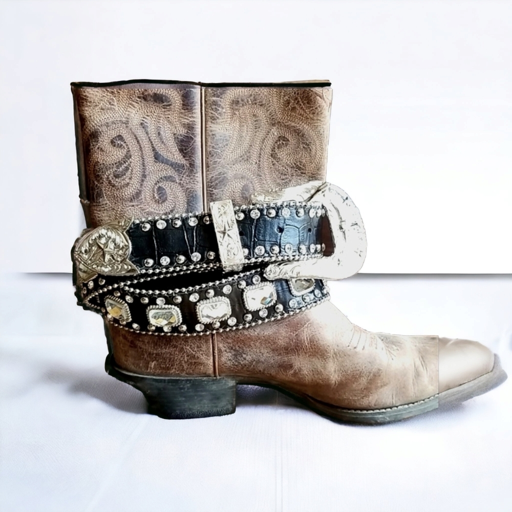 Genuine Leather Southwestern Interchangeable Buckle Rhinestone Silvertone - Picture 2 of 14